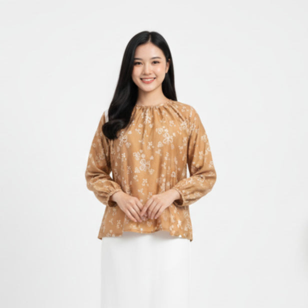 Batik ENOM - Outer Ardhan - Outer Terra - Blouse Lumora Batik Cap Bahan Katun - Outer Wanita Lengan Pendek - Rona Bumi Series