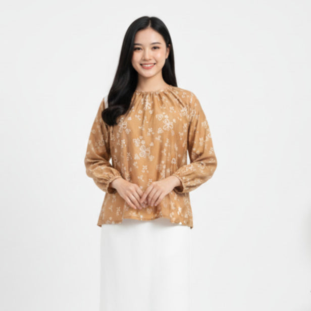 Batik ENOM - Outer Ardhan - Outer Terra - Blouse Lumora Batik Cap Bahan Katun - Outer Wanita Lengan Pendek - Rona Bumi Series